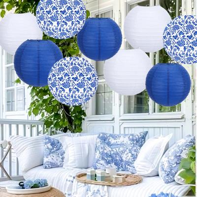 9 ks Modrobílá Chinoiserie Lampion Závěsná Kulatá Papírová Lampionová Dekorace na Svatbu Narozeninovou Oslavu Stropní Dekorace