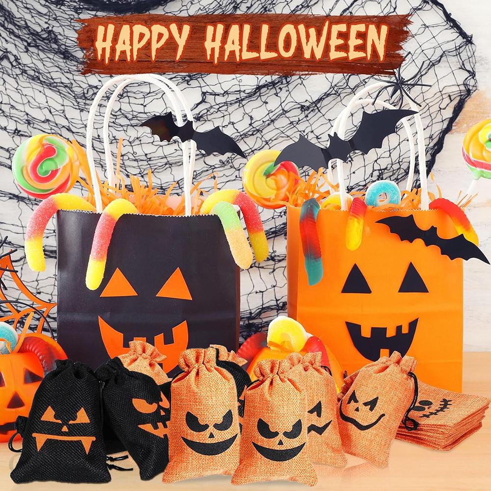 16pcs Pumpkin Burlap Candy Bags Spooky Drawstring Bag Trick or Treat Gifts for Kids Birthday Halloween Party Decoration Supplies