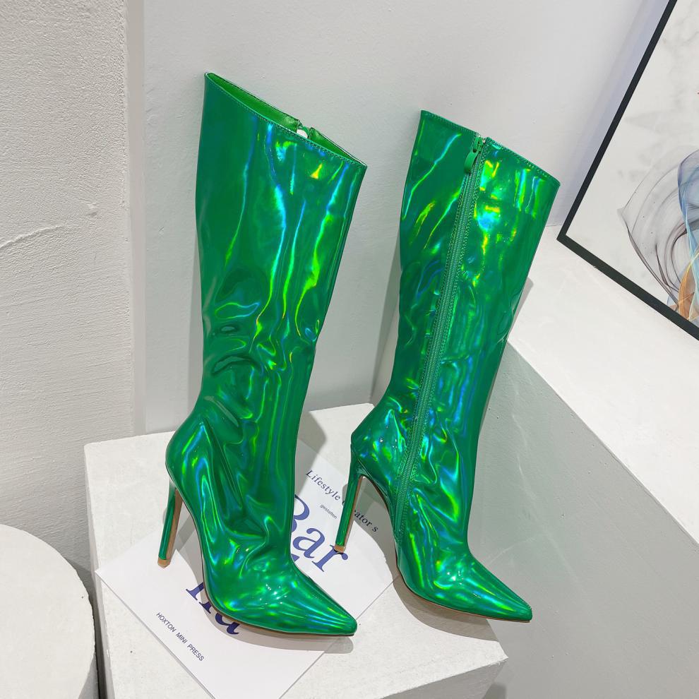 Fashion Street Style Pointed Toe Women Knee-High Boots Mirror Patent Leather Strippers Sexy Runway Party Stiletto High Heel Shoes