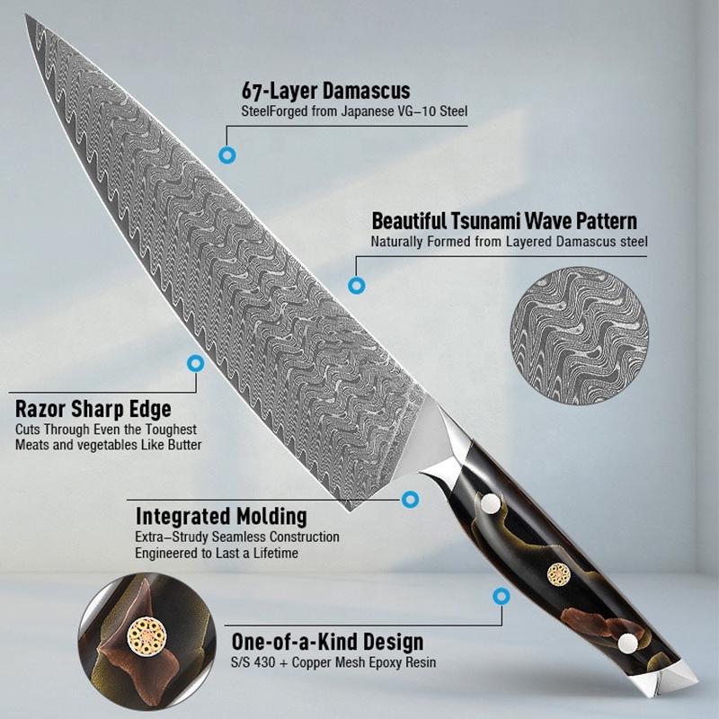 8.5 Inch Chef Knife 67-layers Damascus VG-10 Steel Blade Sapele Resin Handle Slicing Vegetables Cleaver Meat Kitchen Sharp Knife