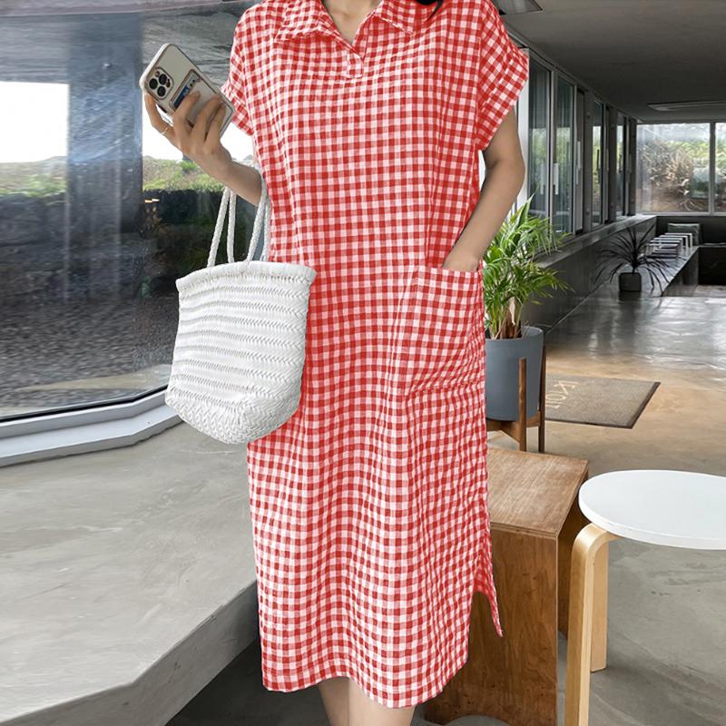 

ZANZEA Женское повседневное платье-рубашка с коротким рукавом и отложным воротником с принтом в клетку 5XL красный