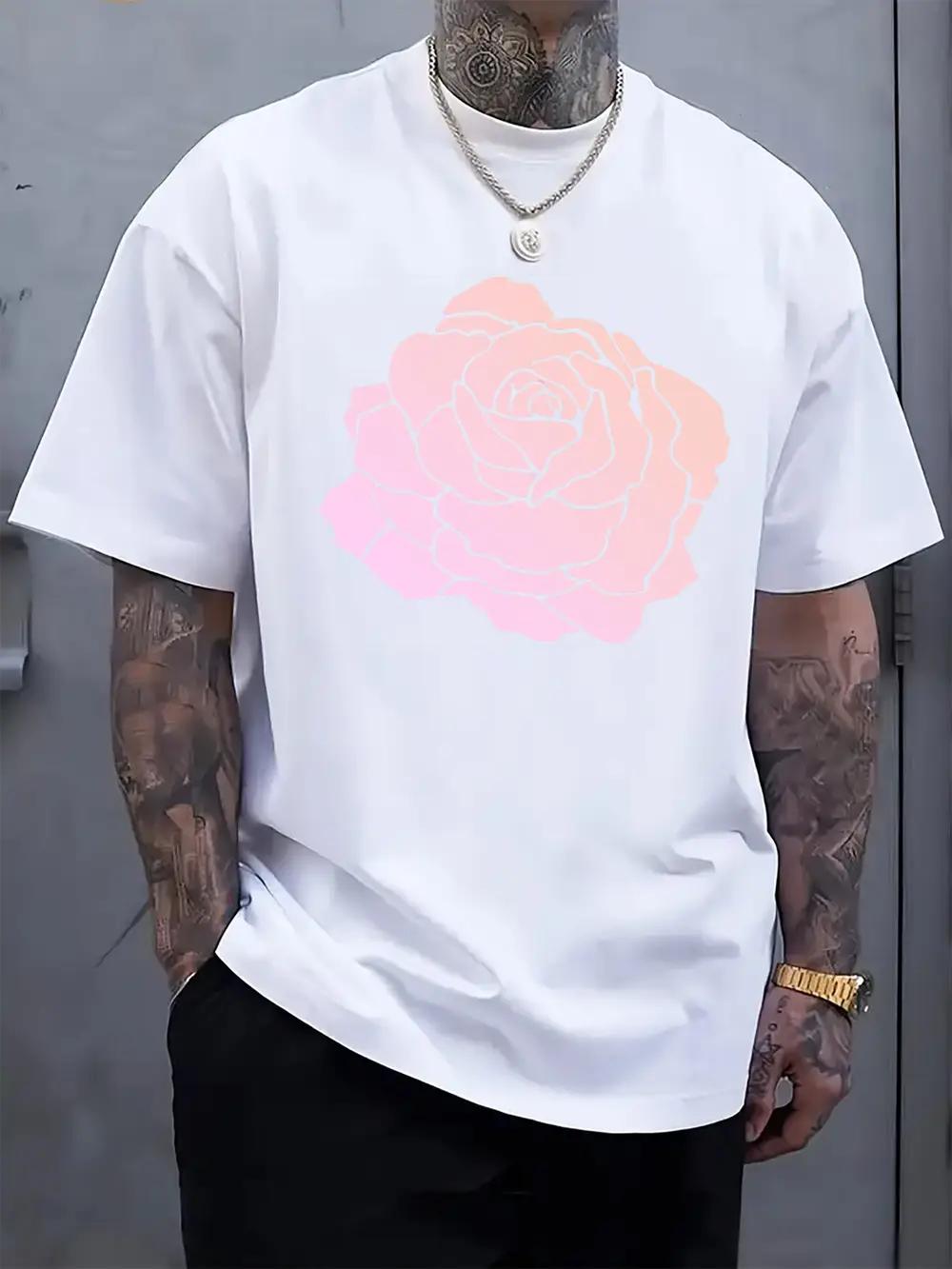 Casual Crew Neck T-shirt with Pink Rose Print XXXL