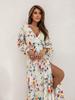 2024 Summer European & American Print V-neck Slit Dress with Long Sleeve & Waist Tie