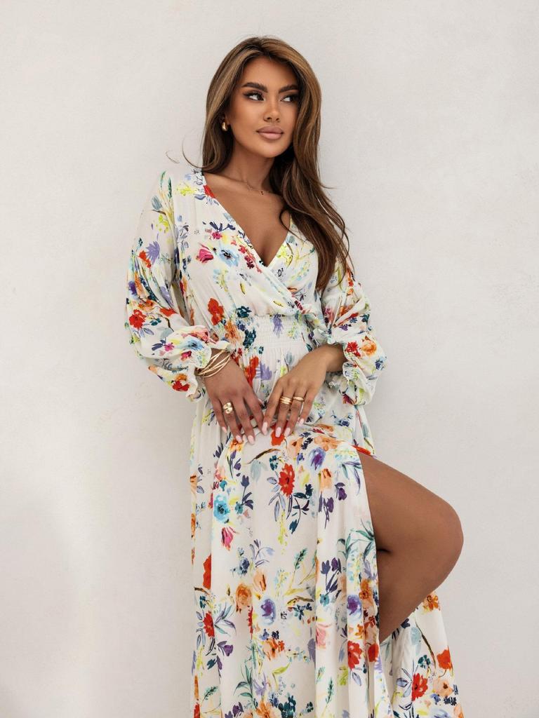 2024 Summer European & American Print V-neck Slit Dress with Long Sleeve & Waist Tie