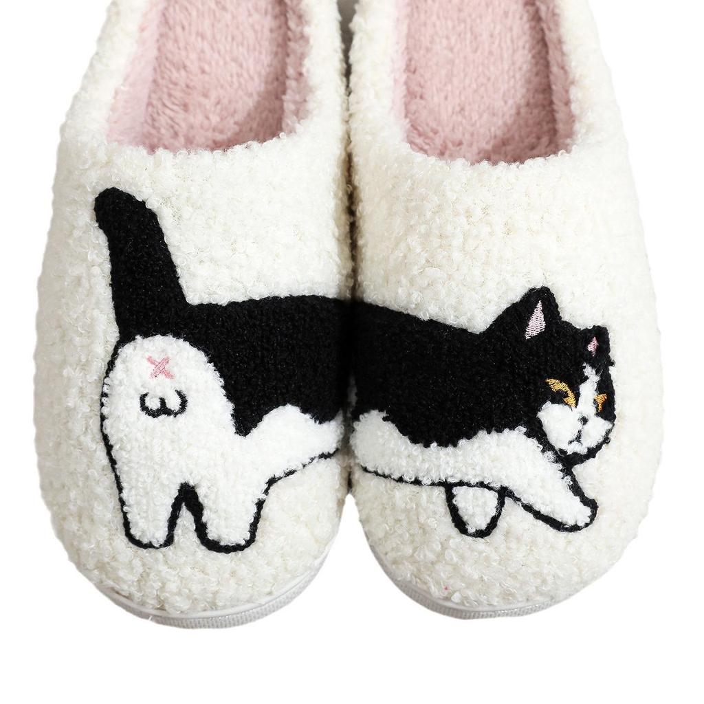Cat & Egg Embroidered Cotton Slippers - Cozy Unisex Winter Furry Slippers with Funny Design