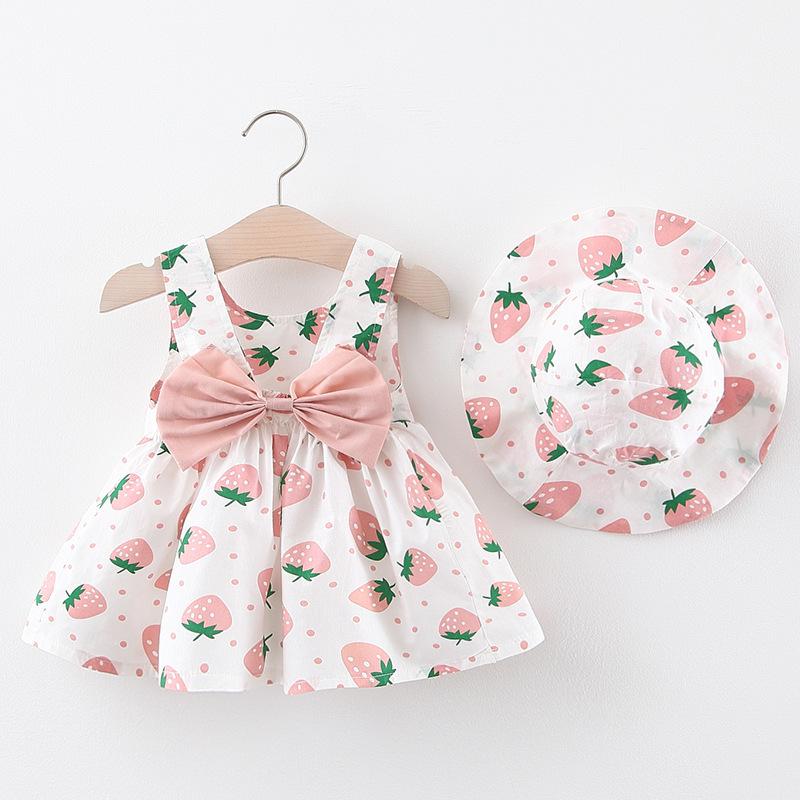 A732 Kleid mit Erdbeerdruck mit Hut – Frisches Kleid für Kleinkind-Babymädchen