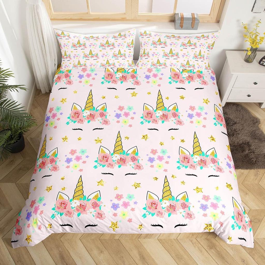 Children Kids Unicorn Soft Duvet Cover Single Quen King, Adorable Lovely Cat Carton Warm Comforter Cover featuring 2 Pilowcase Fish Scale Beding Set