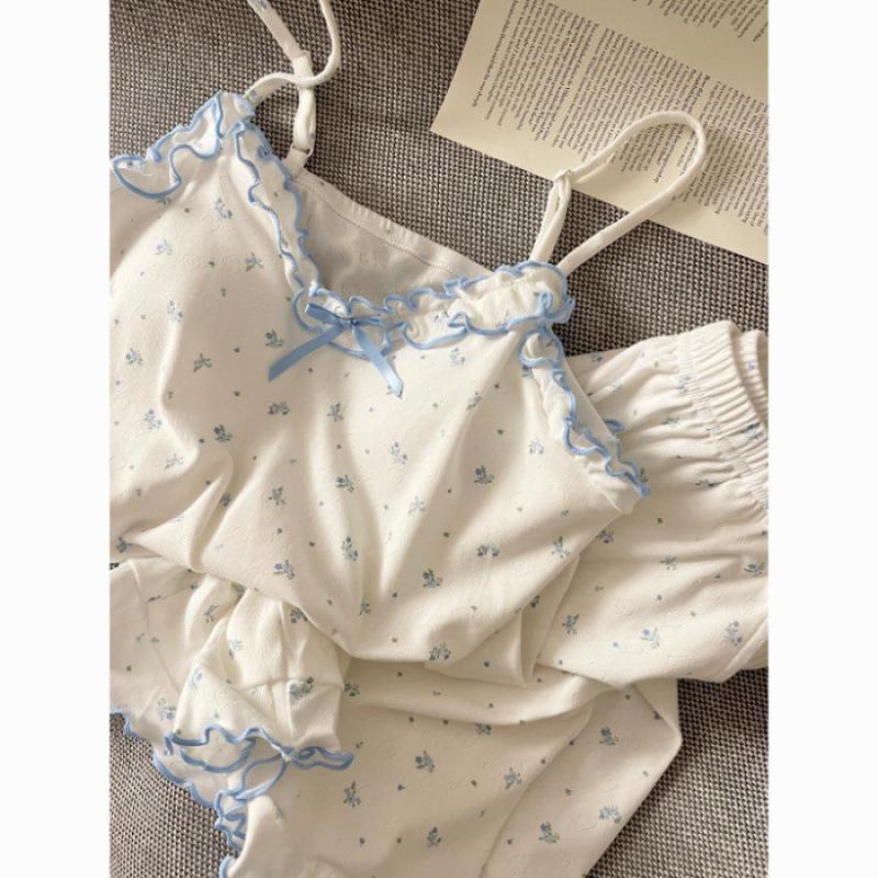 

Korean sweet floral print suspender vest pajamas women s new cute chest pad shorts pure desire home clothes M