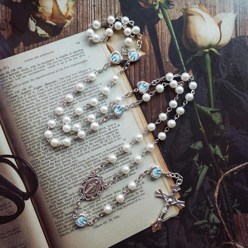 Crucifix Cross-Charm Long Chain Rosary Beads Catholic Necklace for Women Christian Amulet Necklace Religious Jewelry