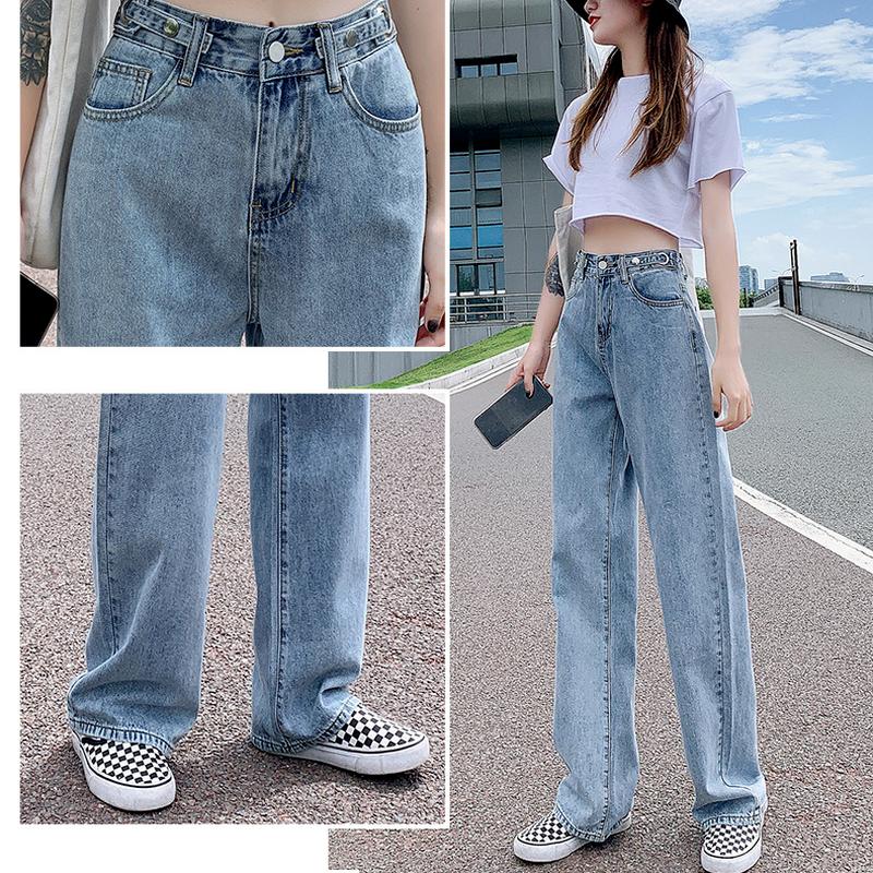 Fashion All-match Blue Women Wide Leg Straight Jeans High Waist Button Denim Pants Loose Trousers