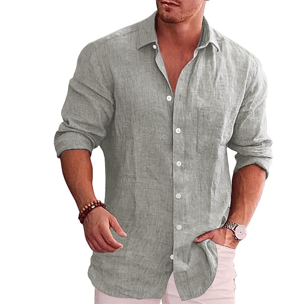 Men's Loose Large Size Solid Colour Shirt Linen Lapel Long-sleeved Casual Shirt Men's Tops