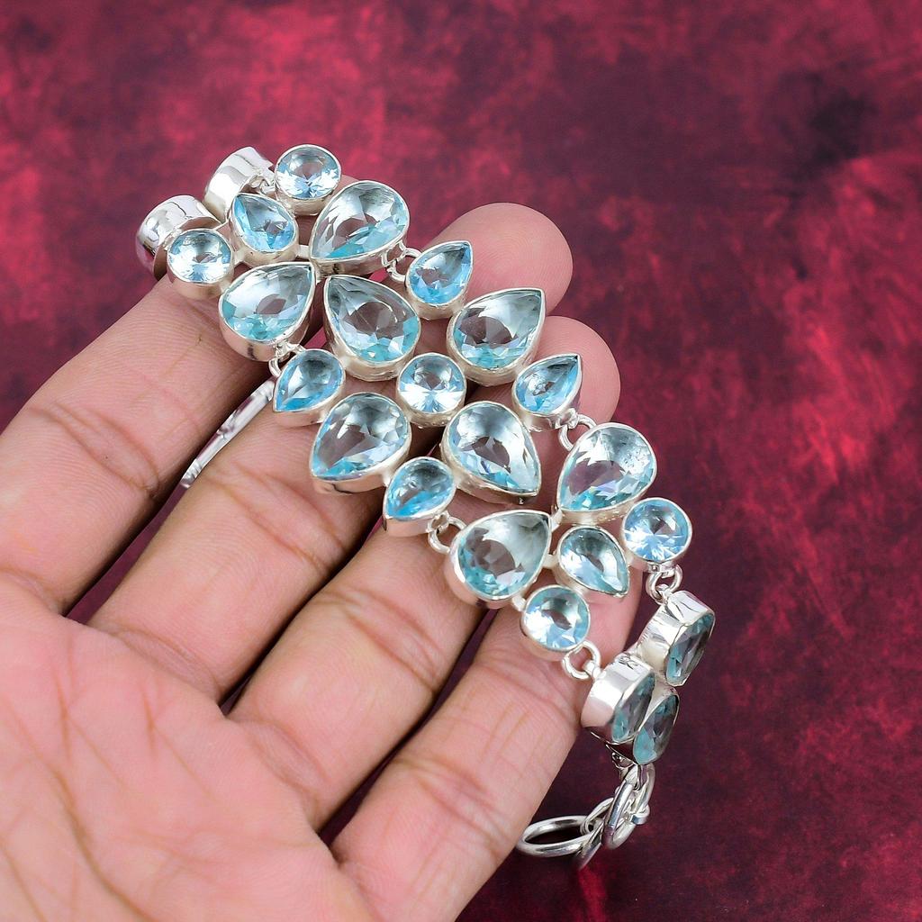 Blue Topaz Bracelet, 925 Solid Sterling Silver Gemstone Jewelry, Handmade Bracelet For Mother Day