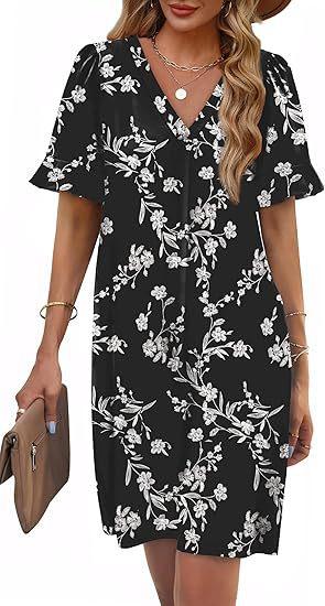 Women's V-Neck Flared Sleeve Medium and Long Pocket Short Sleeve Dress