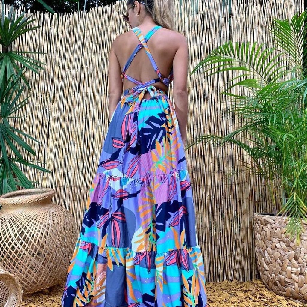 Spring And Summer New European And American Women'S Clothing Fashion Printed Sexy Dress, Suspender Deep V Sleeveless Backless Dress
