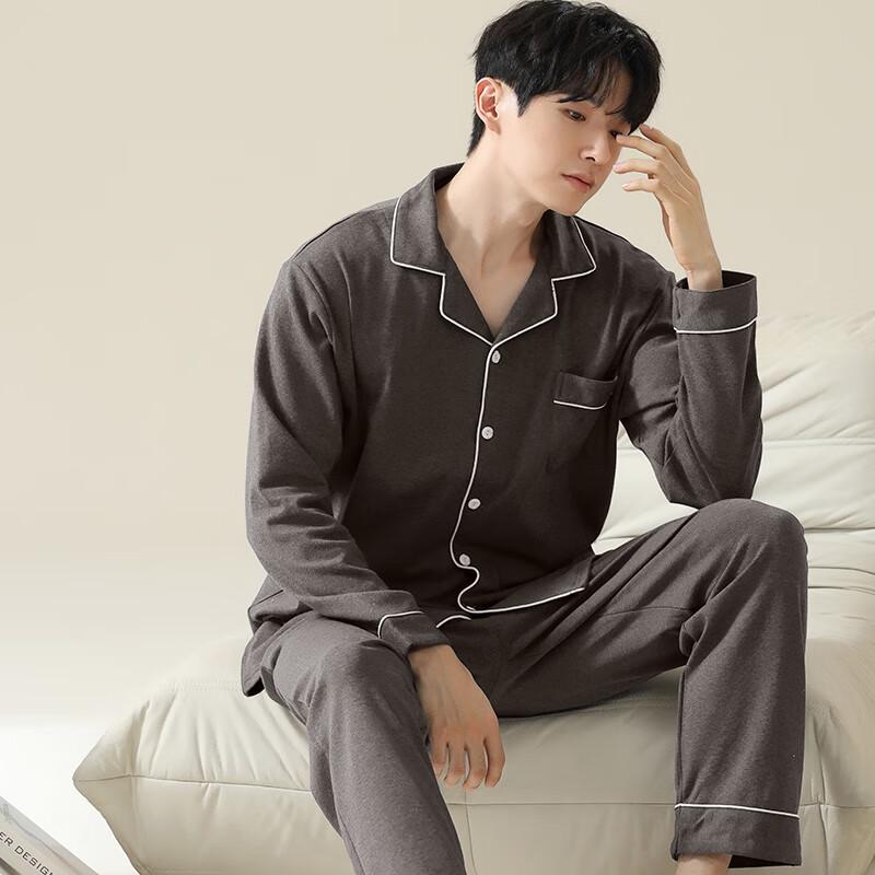 XUEXIMAN Pure Cotton Pajamas for Men, Spring And Autumn Long-Sleeve Lapel Cardigan, Simple Loose-Fitting Men's Skin-Friendly Home Wear Set
