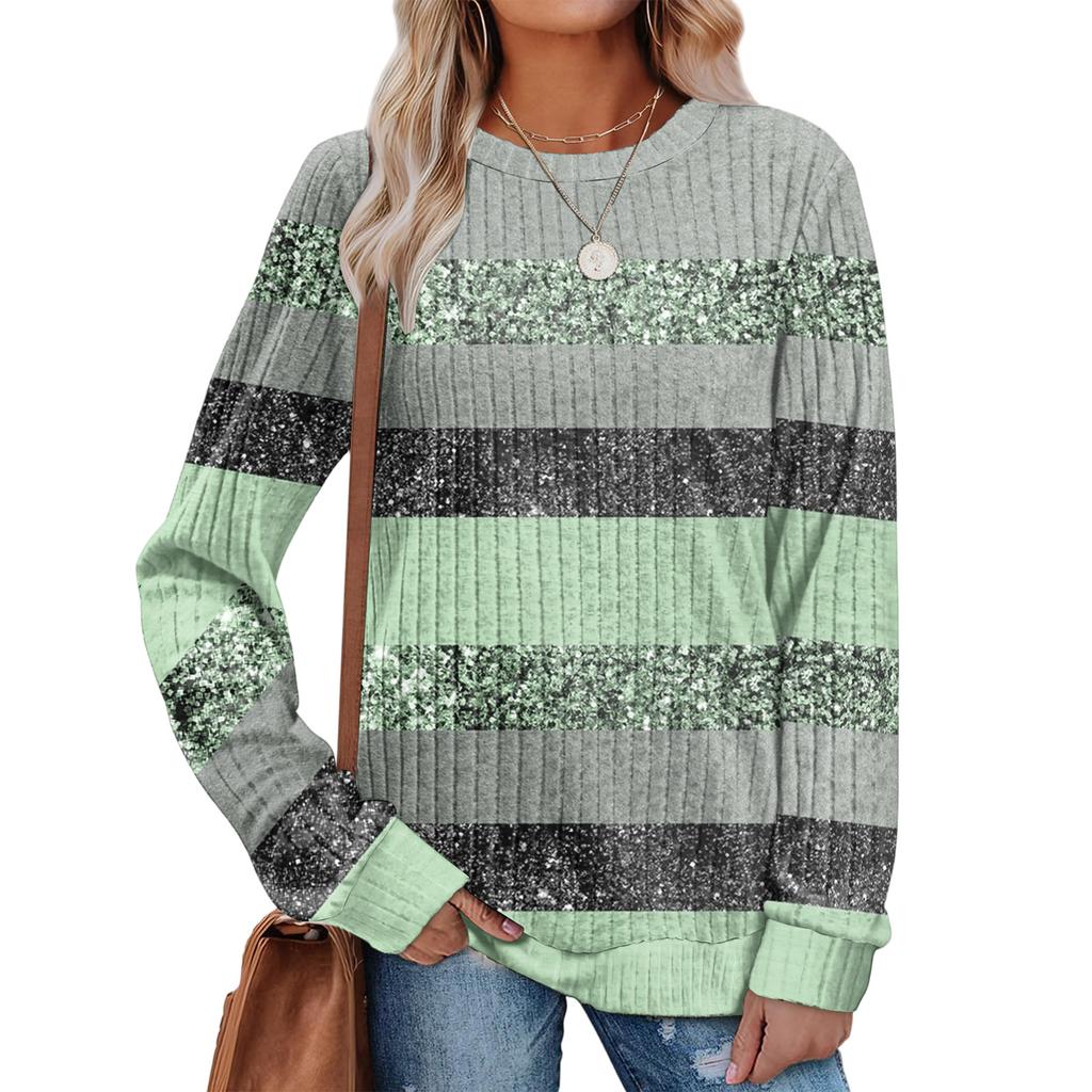 Fashionable Women's Long Sleeved Striped Printed Lightweight Sweater With Loose Round Neck Top