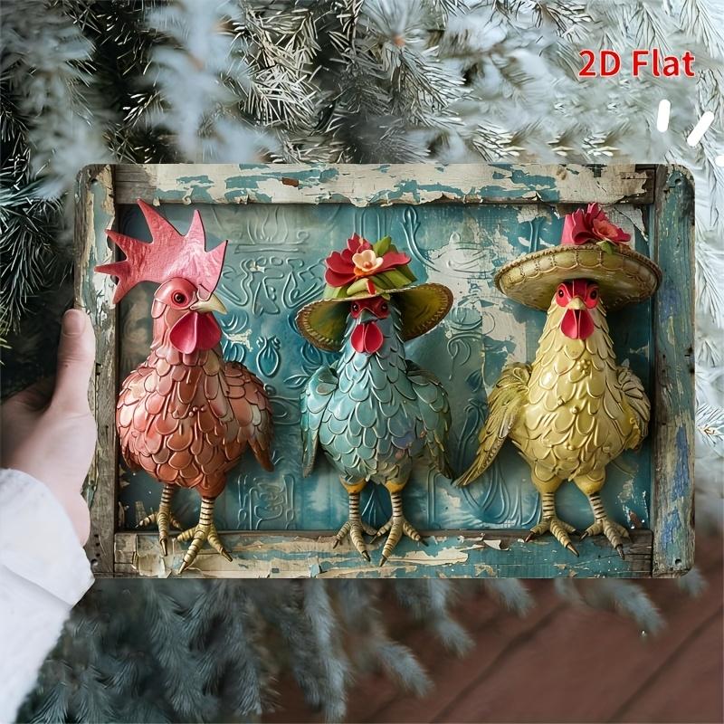 2D Flat Fashion Chicken Vintage Metal Tin Sign, Iron Wall Art Decor for Indoor Outdoor, Hanging Painting for Home Bedroom Office