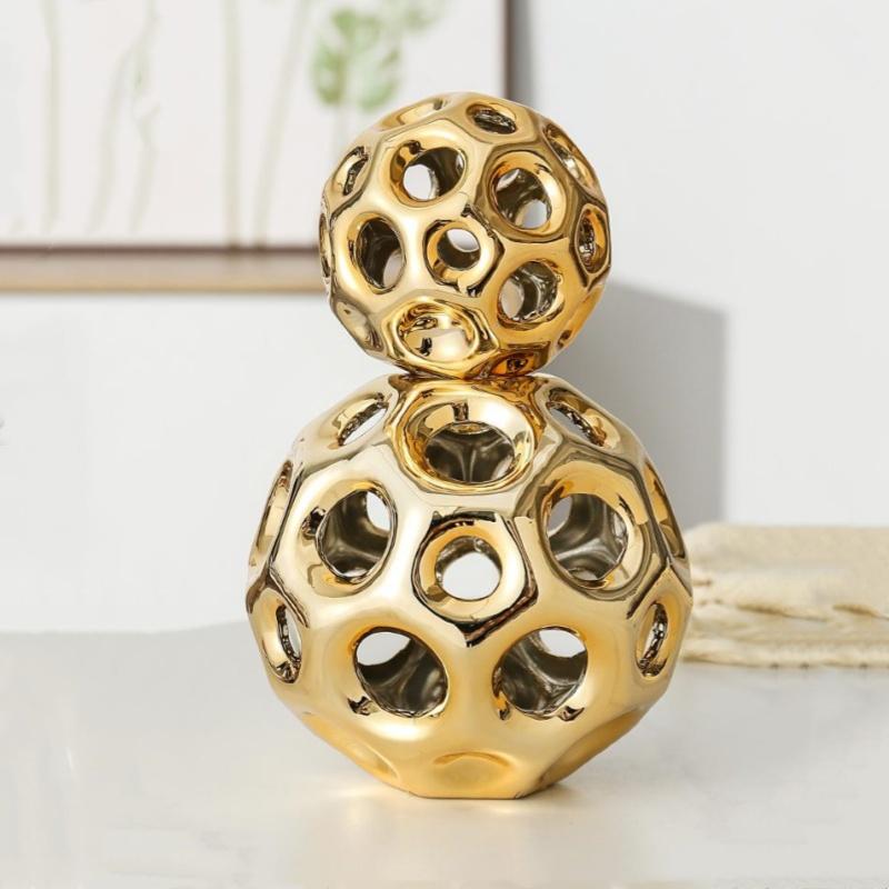 Ceramic Crafts Hollow Balls Golden Geometric Faceted Balls Abstract Sculpture Sphere Decorative Figurines Home Decoration