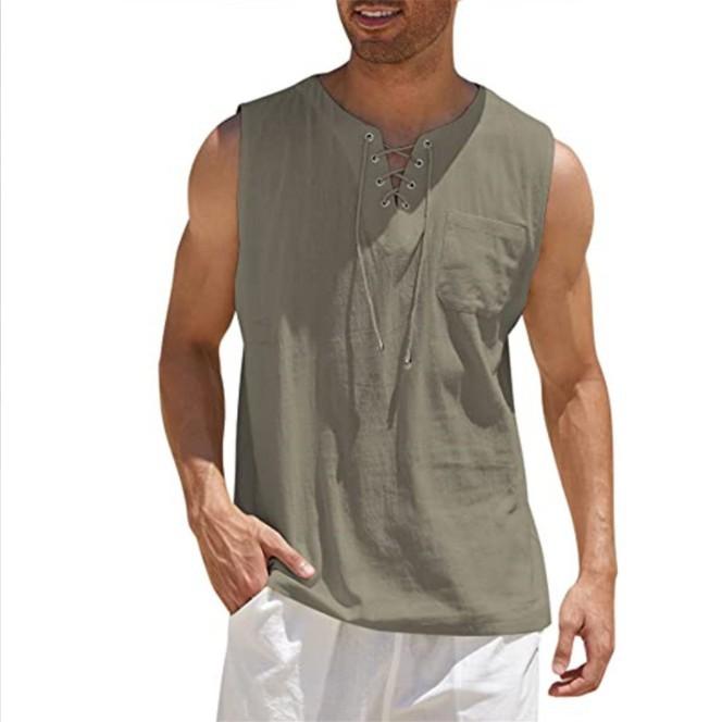 Men's Summer Shirts Casual Leeveless Vest Bandage Lace Up Blouse Retro V Neck Fashion Loose Shirt Solid Color Clothes