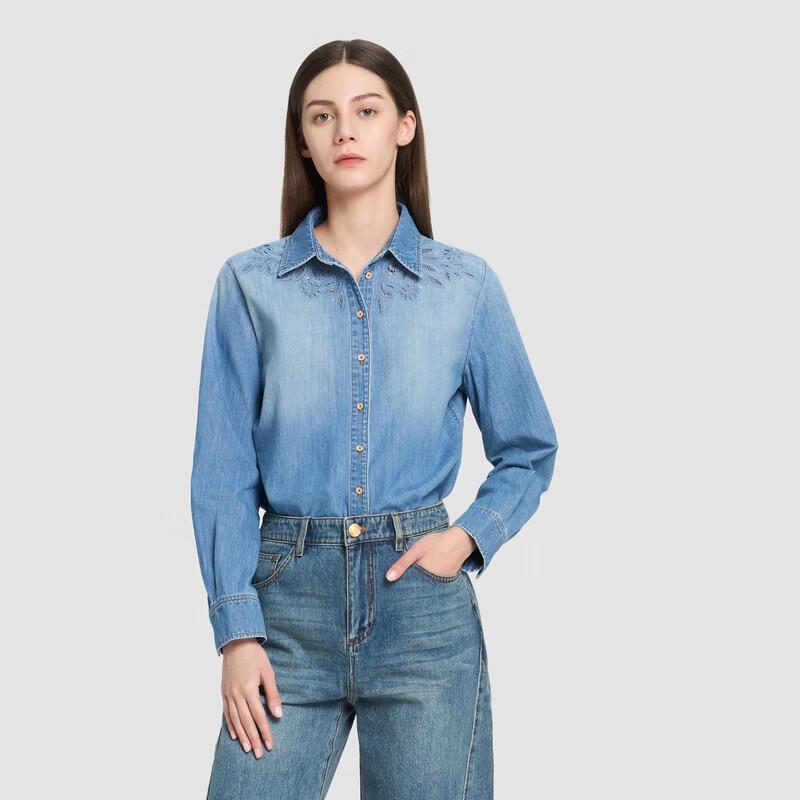 

ELLASSAY Women s Hollow Embroidered Denim Shirt S
