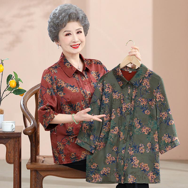 Floral Seven-Sleeve Shirt for Middle-Aged Women – Chinese Style Grandma's Spring/Summer Top
