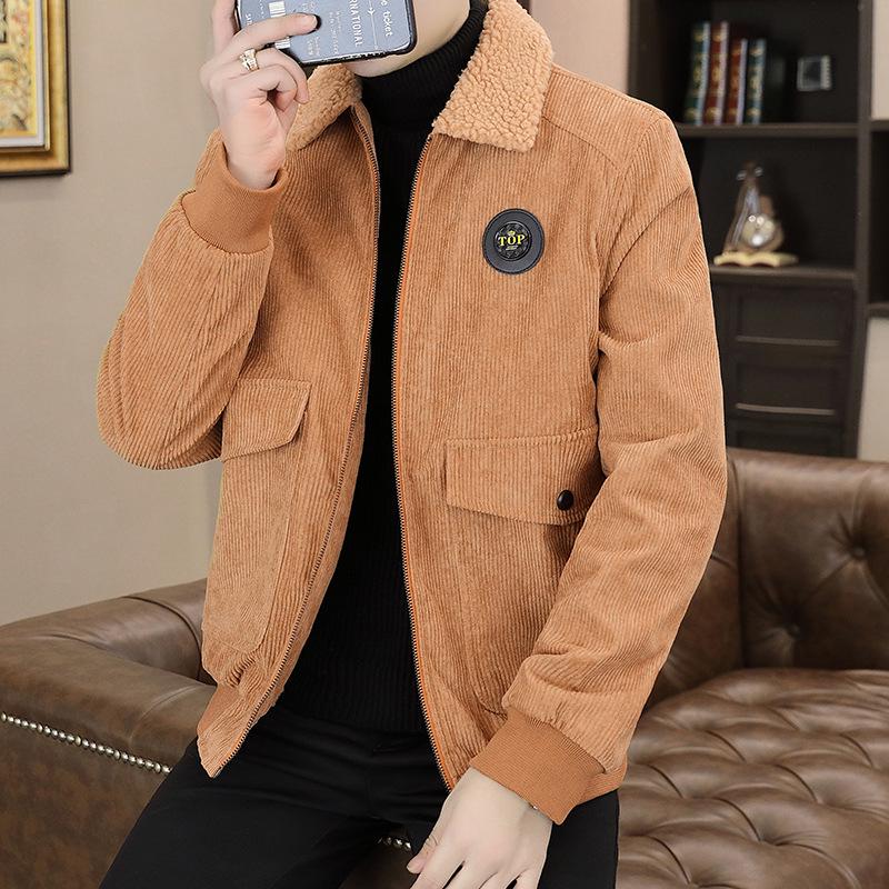Men's Winter Corduroy Jacket with Lapel and Lamb Wool Collar - Thick and Warm Style