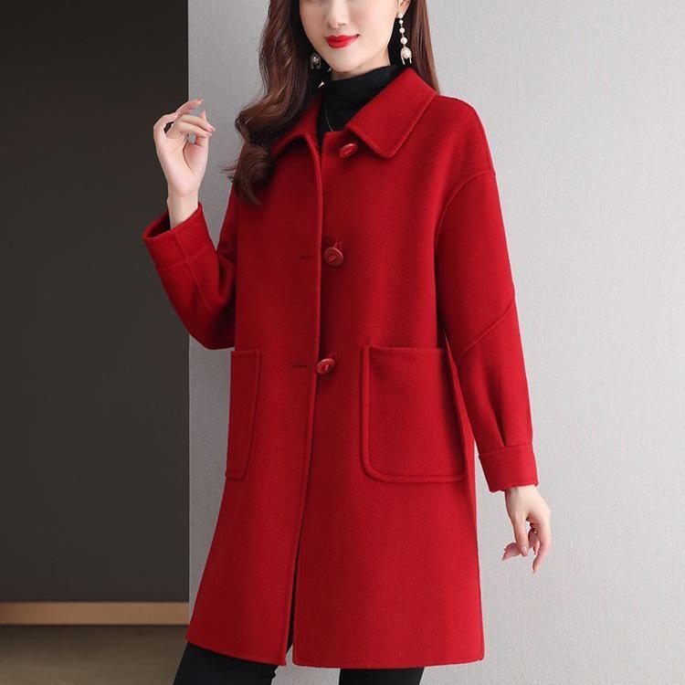Women's Mid-Length Age-Defying Red Double-Faced Cashmere Coat, 2025 Korean-Style, Loose Fit with Wool Lining
