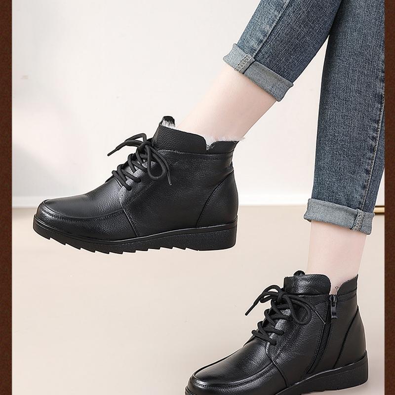 Women Snow Boots Vintage Natural Wool Fur Winter Warm Ankle Boots Women Flat Mother Shoes Mom Soft