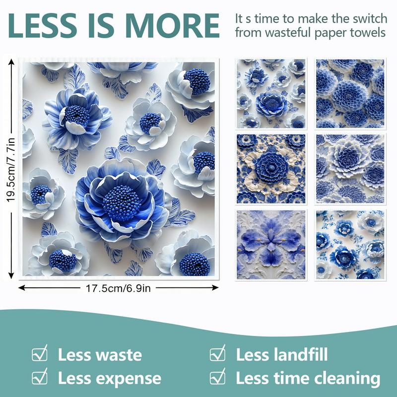 Cleaning Cloth Reusable Kitchen Dish Towels Eco-friendly Microfiber Blue and White Pattern Dishcloths Lint Free Washable Duster Rags Tea Towels