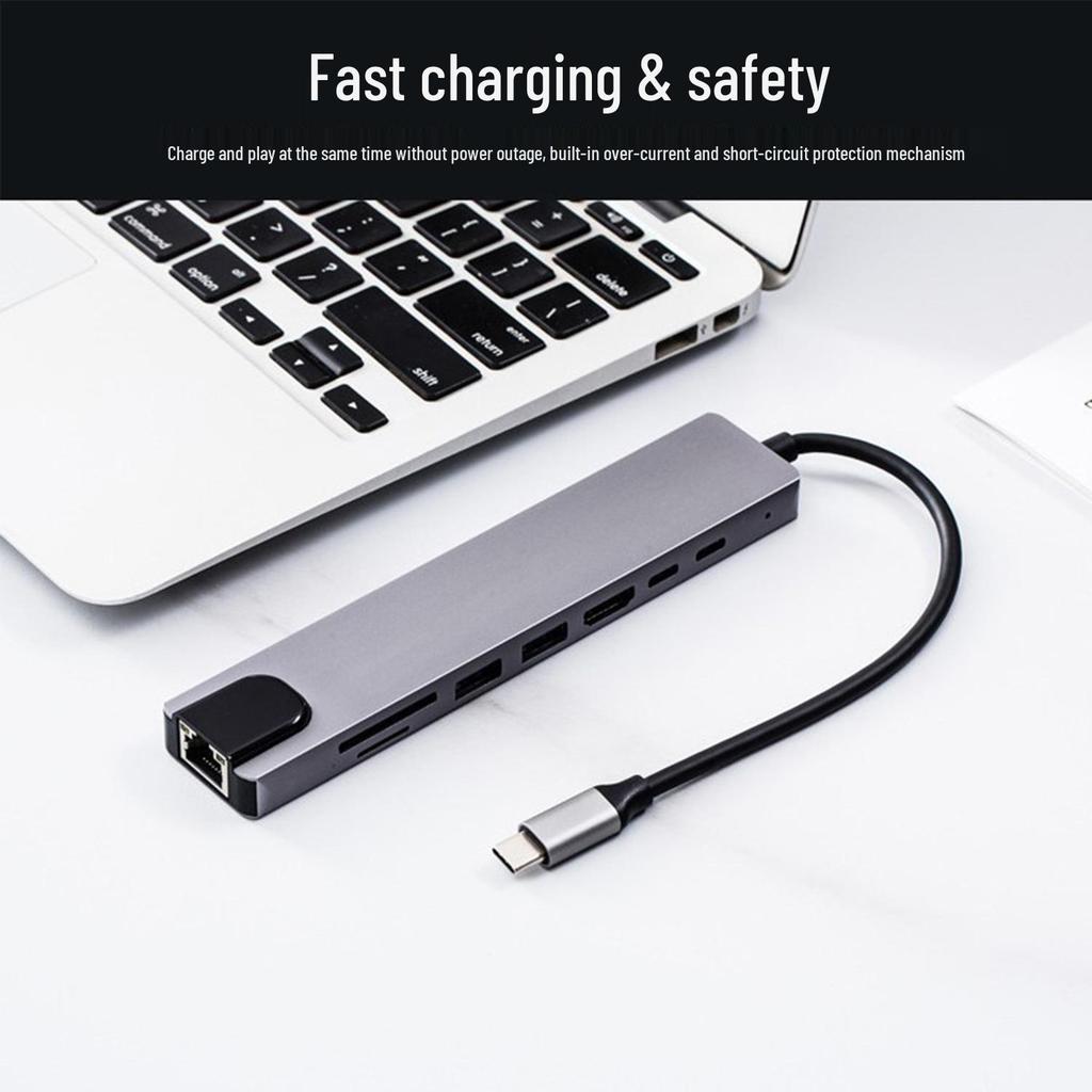 8-in-1 USB-C Hub: HDMI, Network Adapter, USB 3.0, Multi-Functional Card Reader Expansion Dock