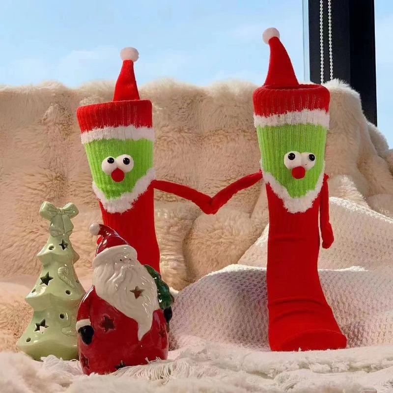 Female Autumn and Winter Cartoon Lovely Christmas Holding Hand Tube Cotton Socks