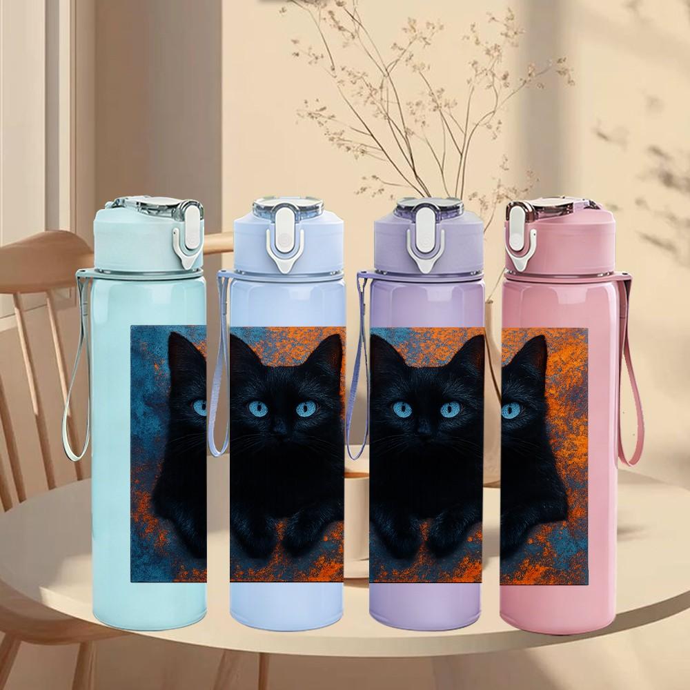 1PC Solid Black Cat Face Portrait Print 750ml Color Plastic Sports Water Bottle Leakproof Flip Straw Lid Suitable for Sports Office Home Use