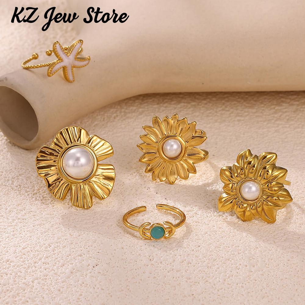 Flower Fashion Anillos For Women Fake Pearl Gold Color Rings Stainless Steel Geometry Sunflower Ring Jewelry Party Daily Gifts