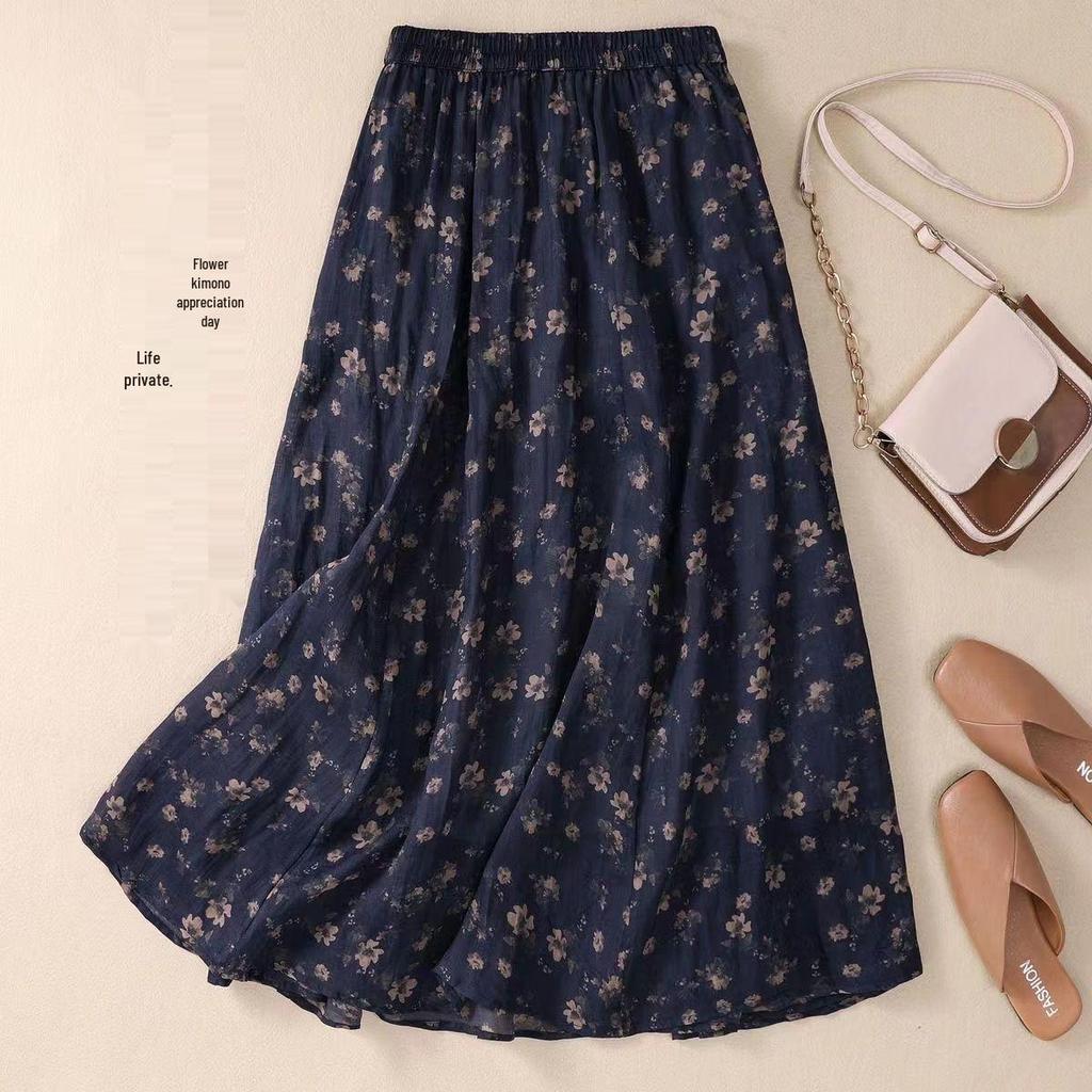 Damen A-Linien Rock mit Blumenmuster: Elastischer Bund, Schlankmachend, mit Taschen