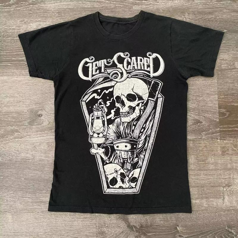 Vtg Get Scared Band Skull Short Sleeve Black All Size Unisex Shirt Graphic Short Sleeve Shirt Unisex Men Women Summer XL