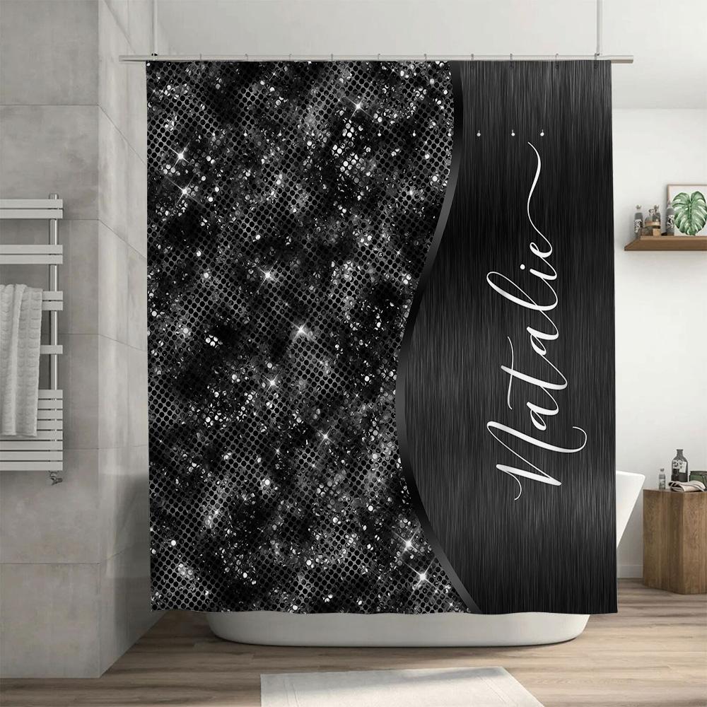Black Sequin Shower Curtain For Bathroom Decor Shiny Sparkly Fabric With Personalized Name Modern Stylish Decorative Bath Mat Co