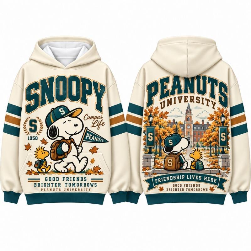 Snoopy Peanuts University Hoodie Men Women Vintage Campus Hooded Sweatshirt Long Sleeve Pullover Streetwear Tops Kids Clothes