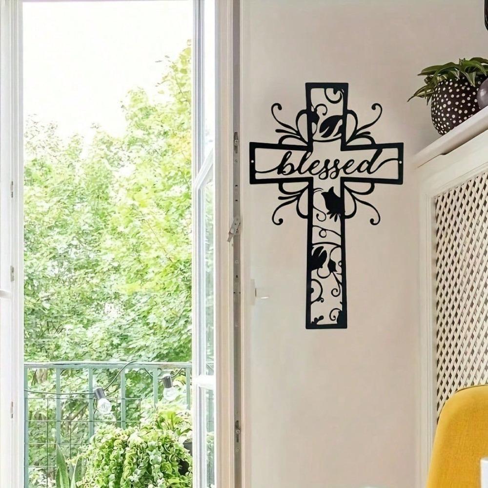 1 PC Blessed Cross with Lucky Clover and Good Looking Decorative Branch Pattern Metal Wall Art Modern Home Decor for Bedroom, Living Room, or Bathroom