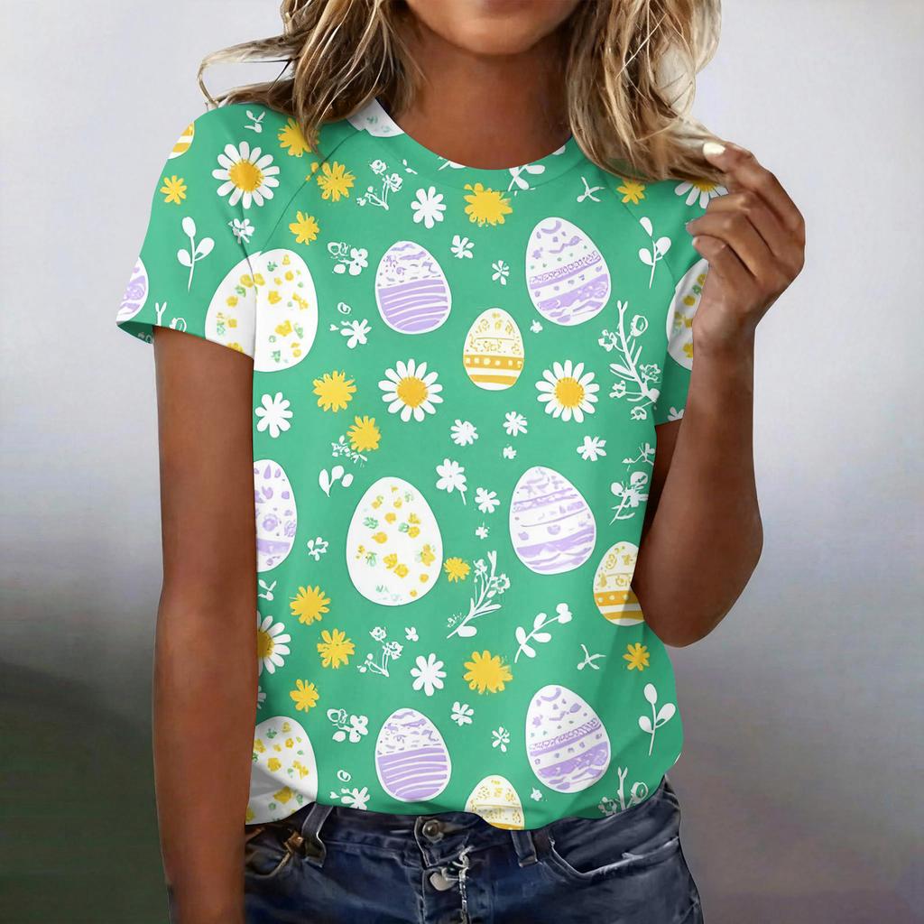 Women's Fashionable Casual Short-Sleeved Raglan Sleeve Easter Print T-Shirt Top