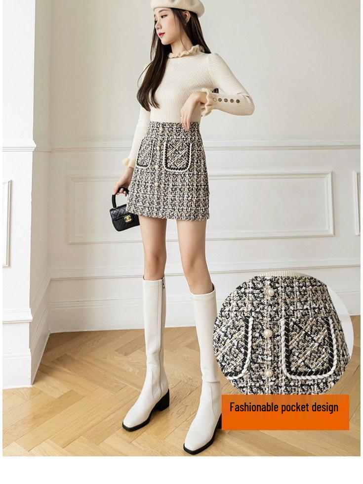 2025 Korejský styl Sukně áčkového střihu z tvídu s vysokým pasem a kostkovaným vzorem pro ženy - Podzimní/zimní krátká zeštíhlující sukně