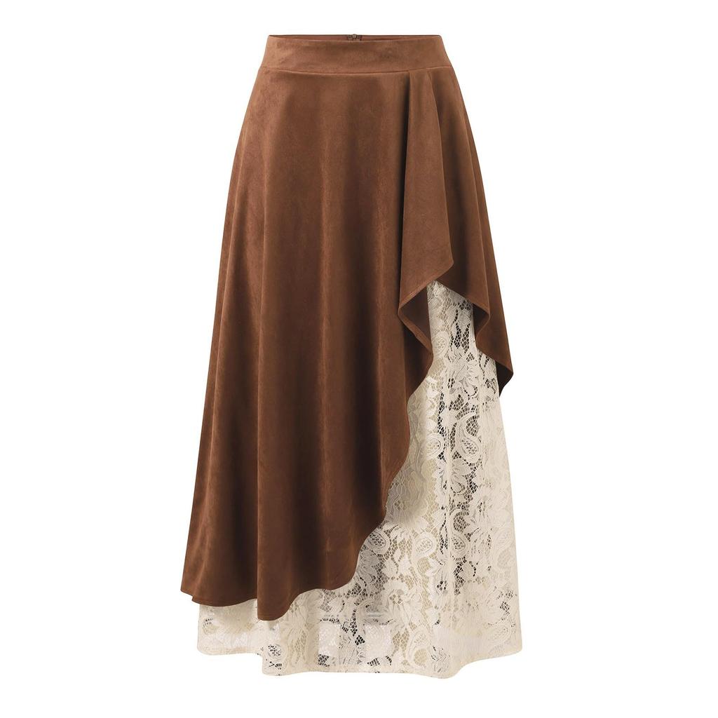 Ladies' Retro Western Suede Lace Patchwork Skirt