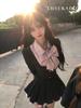XHSUKADO Long Detachable Cute Striped Faux High Girly Student Size M Women's Korean-style Dress, Sleeves, Belt, Ribbon, Pattern, Pleated, Layered,