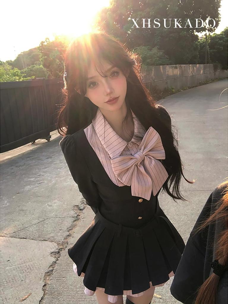 XHSUKADO Long Detachable Cute Striped Faux High Girly Student Size M Women's Korean-style Dress, Sleeves, Belt, Ribbon, Pattern, Pleated, Layered,