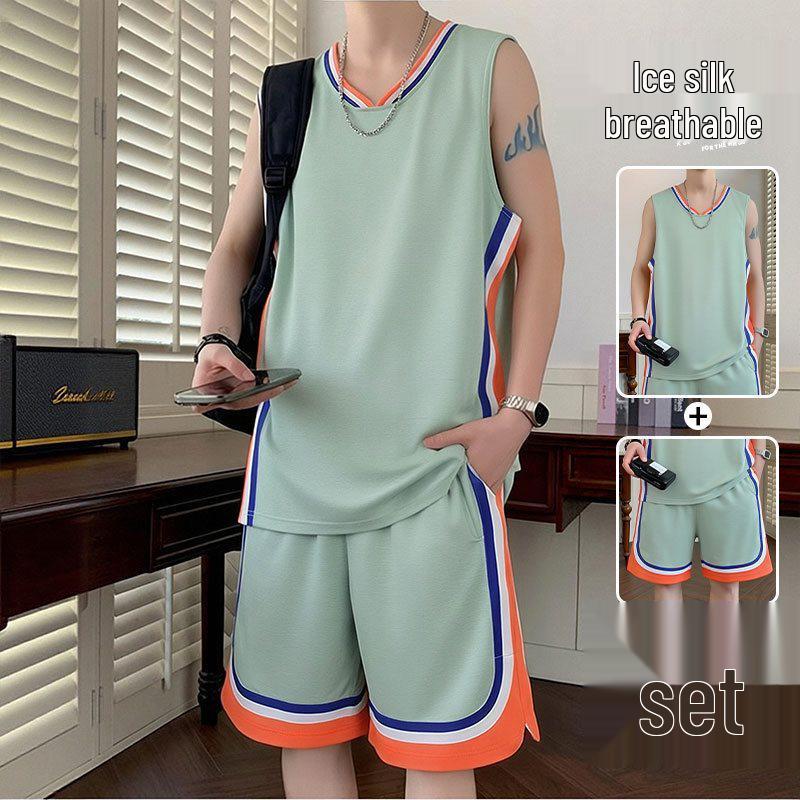 11043 Men's Ice Silk Basketball Vest & Shorts Set, Quick-Dry & Sleeveless, Loose Fit for Summer 2026 Training