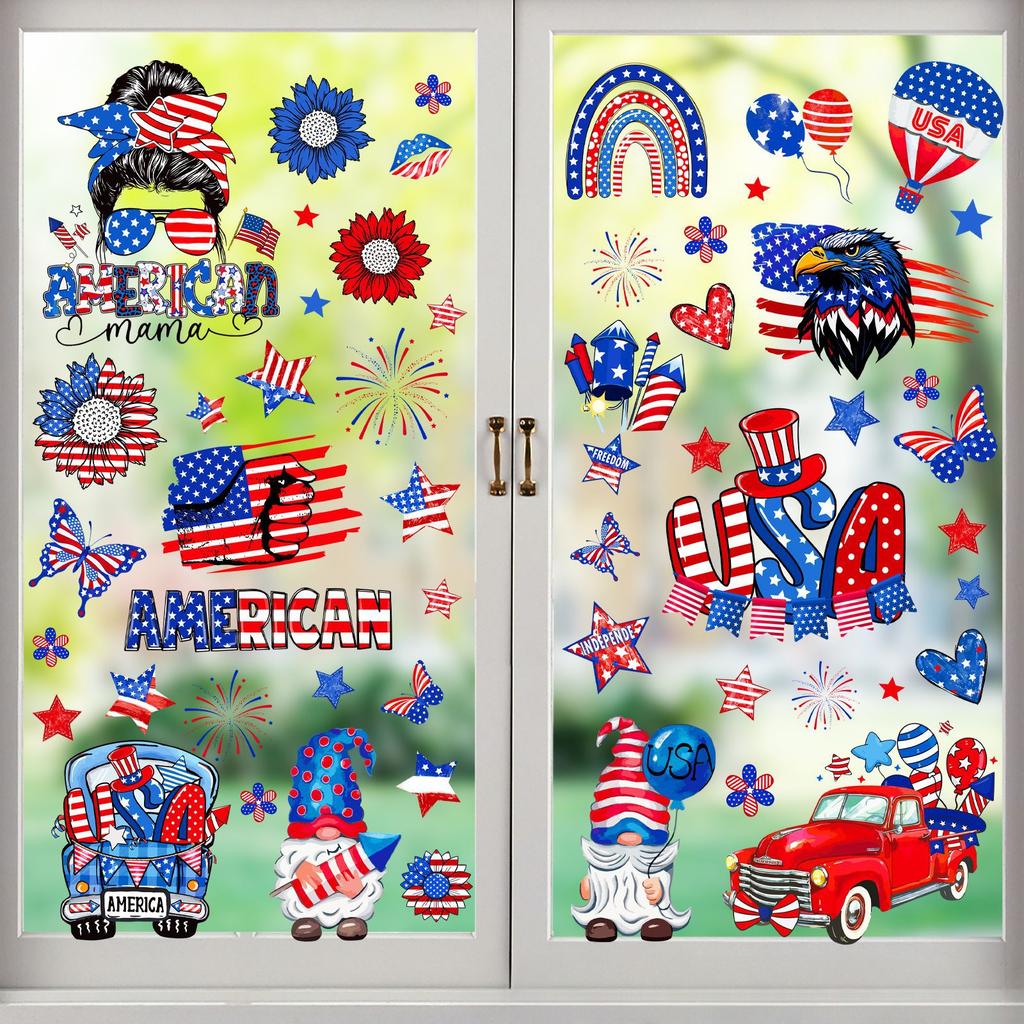 American Independence Day Colorful Flag Electrostatic Sticker Showcase Window Glass Door Decoration Painting