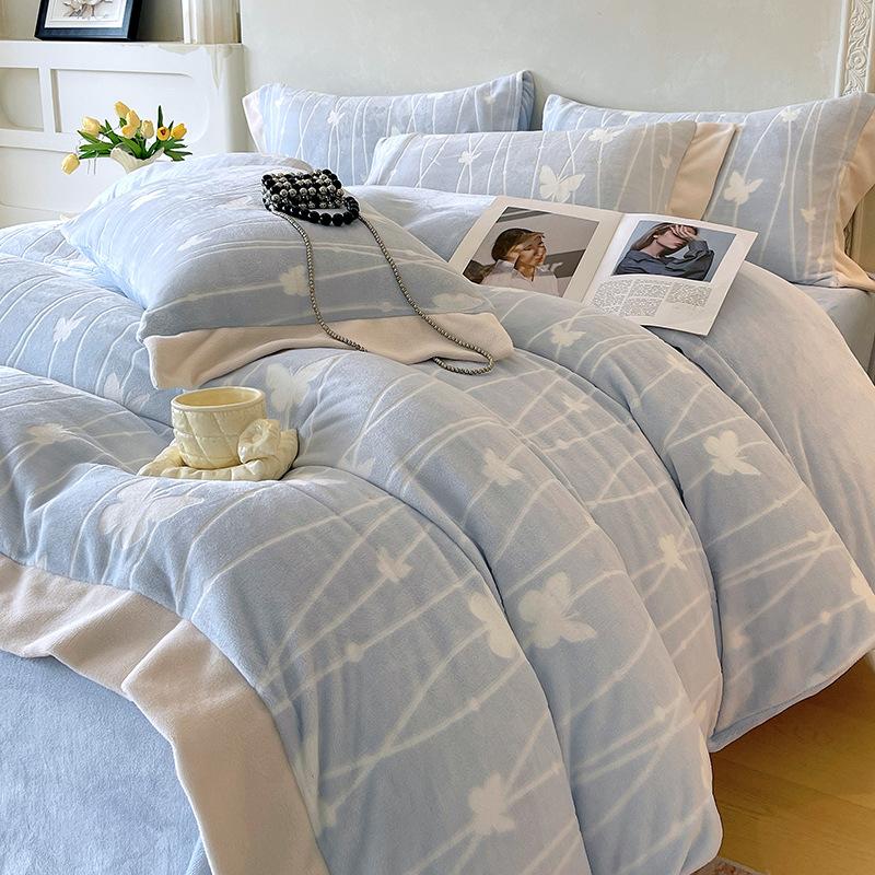 Thickened Milk Fleece Four-Piece Korean Carved Coral Fleece Double-Sided Flannel Quilt Cover Bed Sheet Bedding