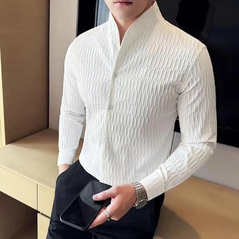 Herren Slim Fit Hemd mit Mandarin-Kragen, Langarm, Strukturierter Stoff, Lässiges Business-Hemd