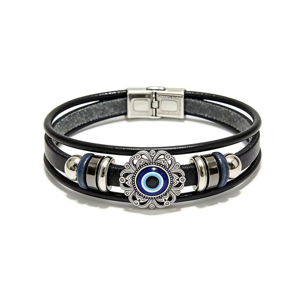 European Retro Blue Evil Eye Beaded Leather Bracelet