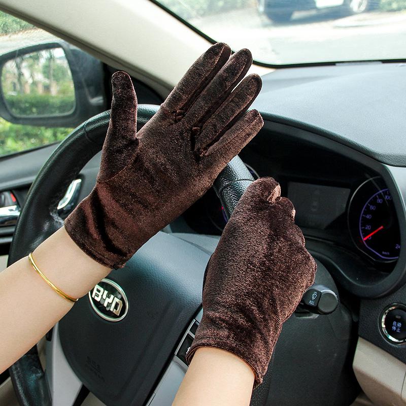 Women's Gold Velvet Etiquette Gloves - Knitted Warm Five-Finger Design for Autumn and Winter