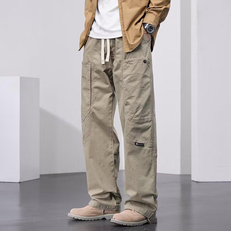 Pánske trendy americké retro cargo nohavice - Ťažké, Veľké vrecká, High Street štýl, Voľný strih, Rovné široké nohavice, Ležérne dlhé nohavice.